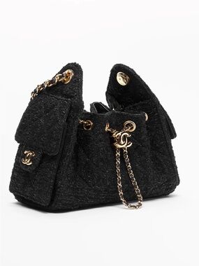 CHANEL 26 Black Tweed Drawstring Shoulder Bag with Gold Chain and CC Charm
